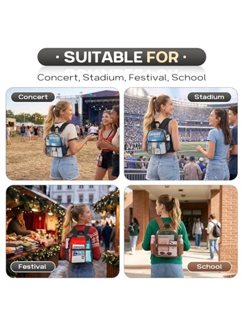 Clear Backpack Stadium Approved, Clear Bag 12 x 6 x 11 in, Small - Picture 5 of 6